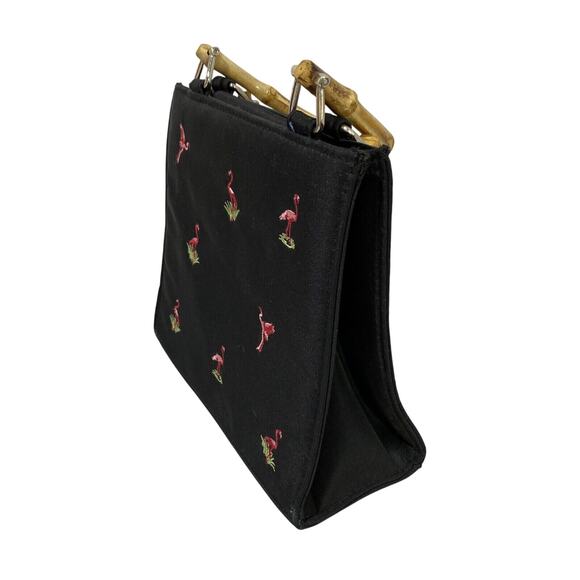 Vintage Pink Flamingo Evening Bag Purse Bamboo Double Top Handles Satin Novelty - Picture 3 of 8